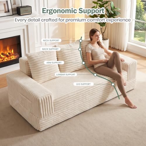 70" Convertible Sofa Bed, Corduroy Boneless Couch with Pocket