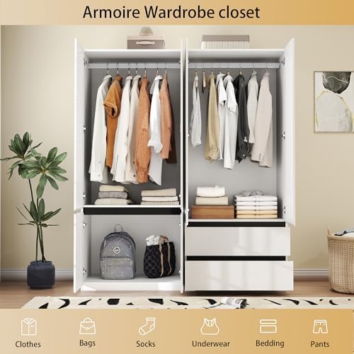 White Armoire Wardrobe Closet with 2 Drawers: 75" H x 63" W