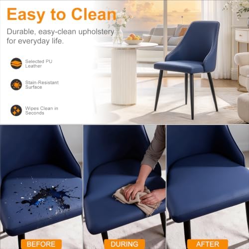 Blue Leather High Back Dining Chairs, Set of 2