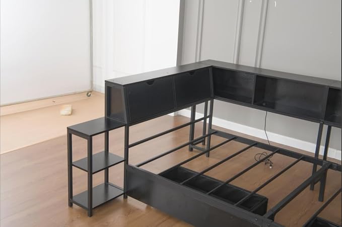 Bellemave Twin Corner Bed Frame with Desk and Storage, Twin Size cornner Bed with Charging Station and LED Light, Wood Daybeds with L-Shaped Bookcase and 2 Drawers, Black