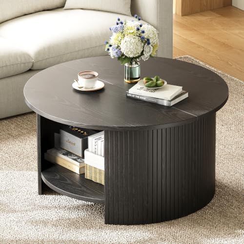 Round Coffee Table with Storage, 31.5" Modern Fluted Center Table, 2-Tier Mid Century Coffee Table, Wood Circle Table for Living Room, Home Office, Small Space, Black