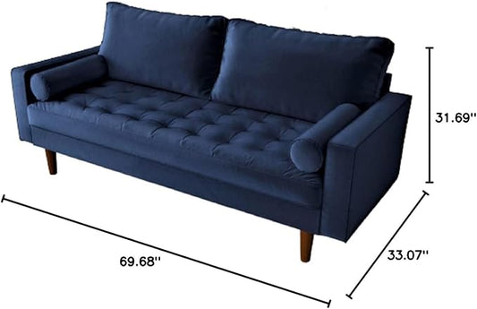 Container Furniture Direct Womble Mid Century Modern Soft Velvet Upholstered Tufted Seat with Bolster Pillows, Loveseat, Sofa, Misty Blue