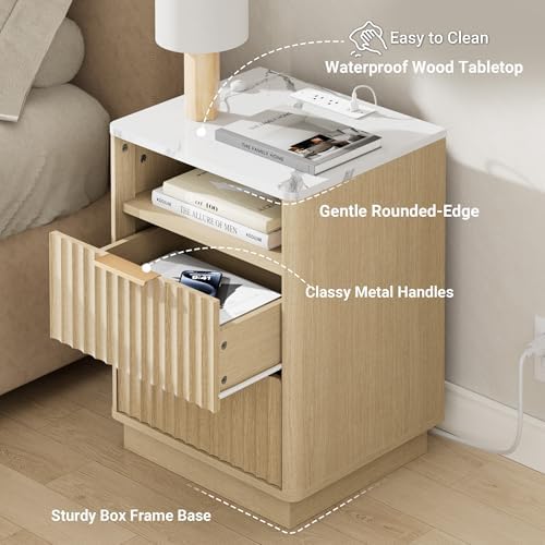 Fluted Nighstand, 2 Drawers Night Stand, 18" Nightstand with Charging Station and Faux Marble Top, Modern End Table w/Storage, Bedside Table for Bedroom, Curved Corners Design, Natural Oak