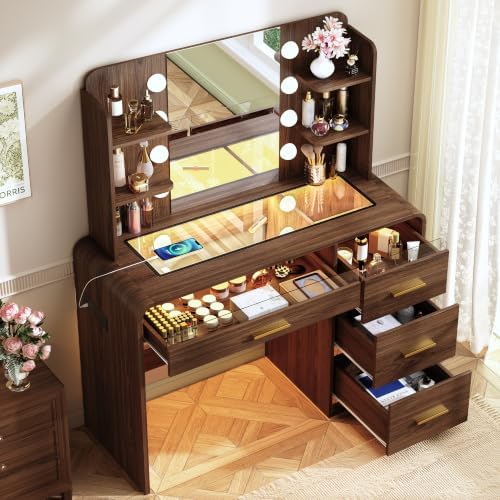 Vanity Desk with Mirror and Lights, Makeup Vanity with 4 Drawers, Transparent Glass Top with RGB Drawers Lighting, Wood Vanity with Charging Station, for Bedroom, Walnut