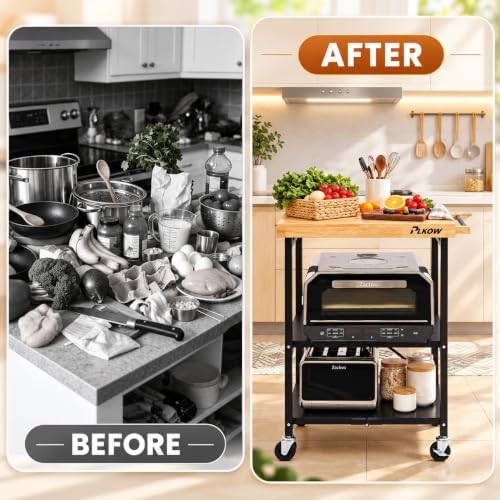 Foldable 3-Tier Rolling Kitchen Cart with Solid Oak Top, Black