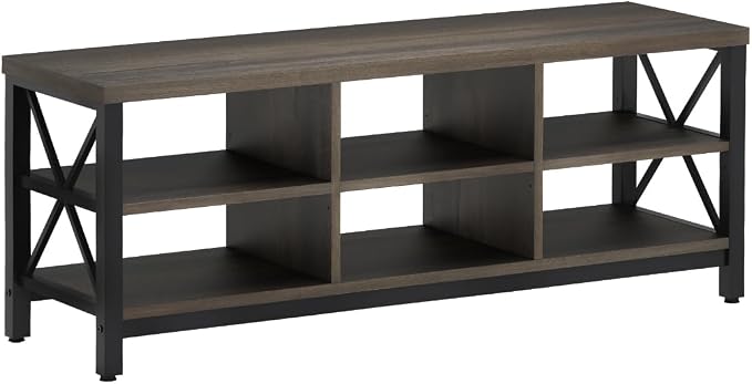 FATORRI Shoe Bench Entryway with Storage, Industrial Wood and Metal Hallway Benches with Adjustable Shelves, Rustic Entry Way Bench for Living Room (47.24 Inch Long, Walnut Brown)