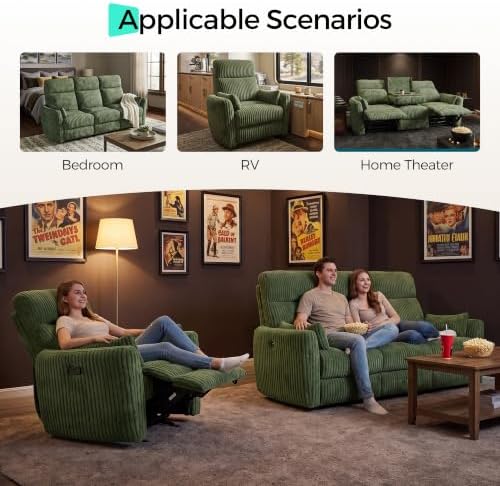 LINSY Modular 3-Seater Recliner Sofa with Matching Recliner Chair, Manual Corduroy Living Room Set with Flip-Down Console, Cup Holders & USB Ports, Theater Couch for Living Room, Game Room (Green)