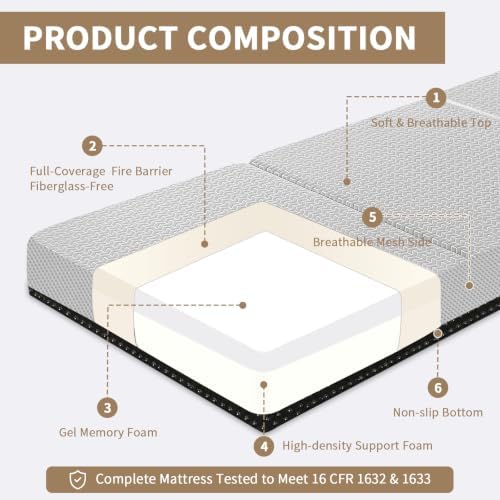CYMULA Folding Mattress Single Size,6" Tri-Fold Floor Mat for Naps,Grey