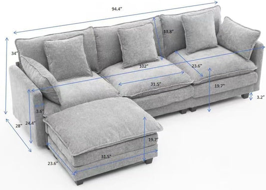 Modern 102" L Shaped Sectional Sofa Cloud Couch, Comfy Chenille Modern Modular Sleeper Sofa, Upholstery Sofa with Ottoman & Memory Foam for Living Room, Grey