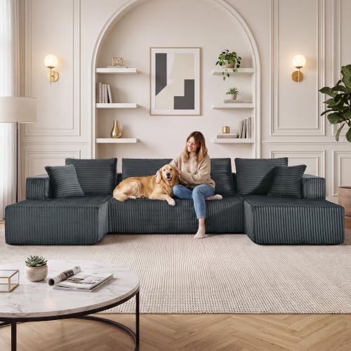 132" Boneless Couches for Living Room, U Shaped Modular Sectional Corduroy Comfy Cloud Memory Foam Deep Seat Boneless Sofa, No Assembly Required Couch for Living Room with Double Chaise, Gray