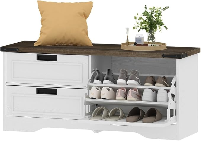 FATORRI Shoe Storage Bench with Flip Drawer, Wooden Entryway Bench, Modern Shoe Cabinet with Removable Drawers for Hallway, Living Room (Walnut Brown & White Oak)