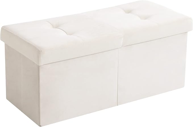 Storage Ottoman Bench Foldable Seat Footrest Shoe Bench End of Bed Storage with Flipping Lid, 75L Storage Space, 30 inches Velvet Cream