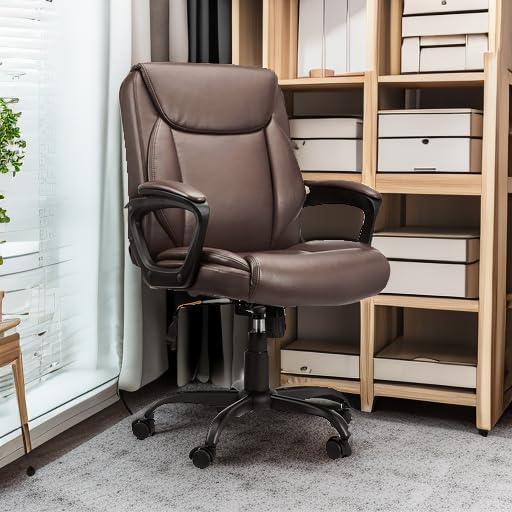 Amazon Basics Classic Puresoft PU Padded Mid-Back Office Chair with Armrest, Height Adjustable, Wheels, 25.75"D x 24.25"W x 42.25"H, Brown