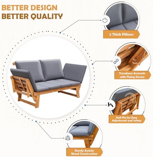 Greesum Patio Convertible Couch Sofa Bed with Adjustable Armrest, Acacia Wood Outdoor Daybed with Cushion & Pillow, Folding Chaise Lounge Bench for Porch Courtyard Poolside,Gray