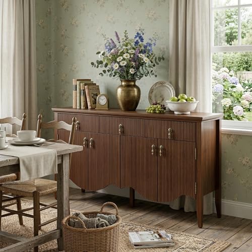 57" Fluted Sideboard Buffet,Retro Storage Cabinet, Walnut