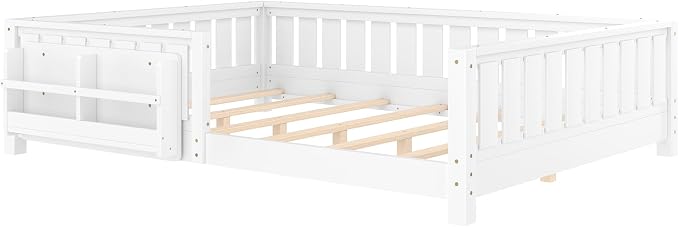 Bellemave White Montessori Floor Bed with Fence and Slats, Queen Size Montessori Floor Bed with Bookcase and High Rails, Easy Assemble Bed Frame for Girls, Boys, Queen