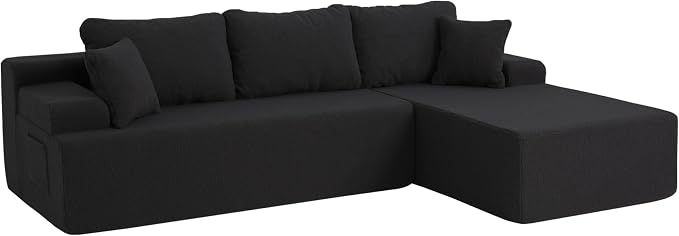Hobestluk Modular Sectional Sofa Couches L-Shape Couch 3 Seat Modular Sofa Memory Foam Sectional Couches for Living Room, Cloud Couch with Oversized Chaise (Black Smooth, 108", Right Hand Facing)