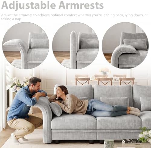 LLappuil 10 Person Modular Sectional Sofa Sleeper Chenille Deep Sectional Couches for Living Room with Storage Ottoman, Adjustable Arms Backs Grey