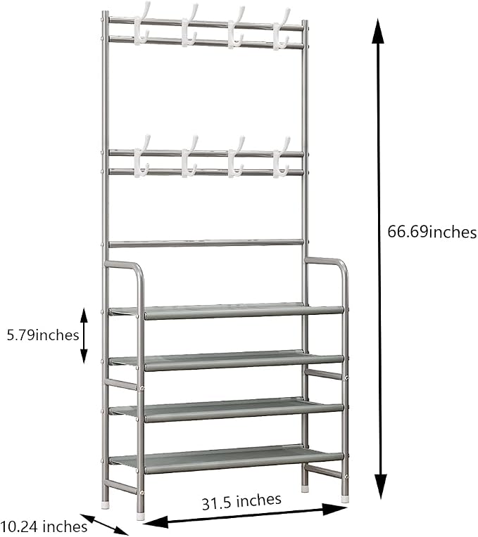 Coat Rack Shoe Rack With Storage Shelf Freestanding with 8 Hooks for Entryway Bedroom Closet 4 Tier, Grey