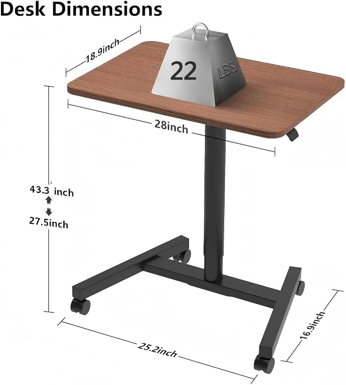 28-Inch Mobile Standing Desk, Computer Workstations with Cup Holder, Portable Standing Desk with Lockable Wheels, Rolling Table for Home Office Classroom Hospital (Walnut)