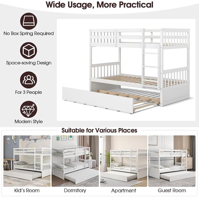 NAFORT Twin Over Full Bunk Bed with Trundle, Solid Wood Bunk Bed Frame, Ladder & Guardrails, Converts to 2 Platform Beds for Kids/Teens/Guests (White, Twin Over Twin with Trundle)