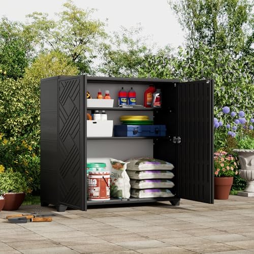 ZZM Indoor/Outdoor Storage Cabinet Waterproof, 34"x15"x34" Plastic Outdoor Storage Box for Garden Balcony Bathroom, All Weather Outdoor Storage Clearance, DIY Usage, with 1 Shelf (Black)