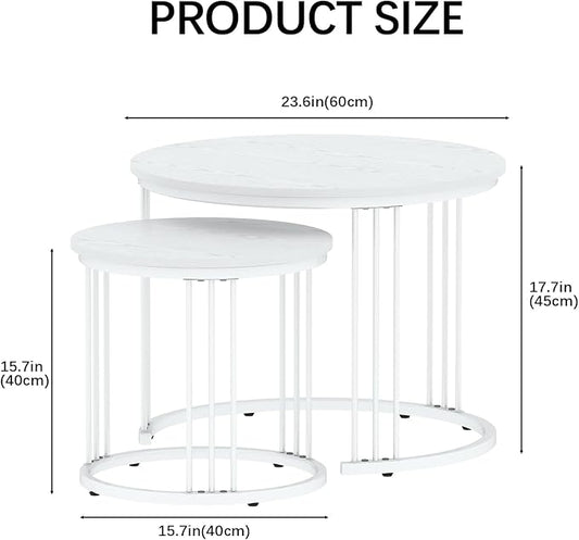 Garden 4 you Nesting Coffee Table, 23.6" Round Coffee Table Set of 2, Wooden Nesting Table with Metal Frame, Ceter Tables for Living Room Bedroom Balcony, White