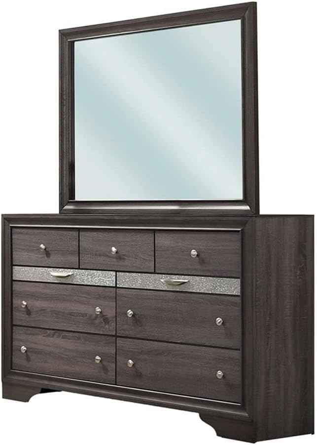 Pemberly Row 4-Piece King Bedroom Set, Solid Wood and Veneer, Gray Finish with Silver Accents, Panel Bed with Storage Footboard, Dresser with Mirror, Nightstand, Elegant Modern Bedroom Furniture
