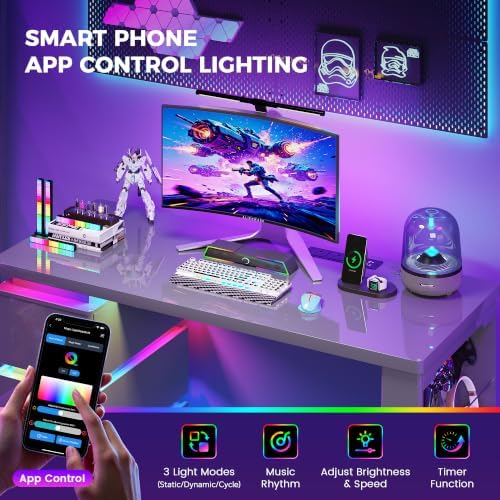 HNEBC 47.2" Gaming Desk with 3 Drawers,LED Lights,Power Outlets,Grey