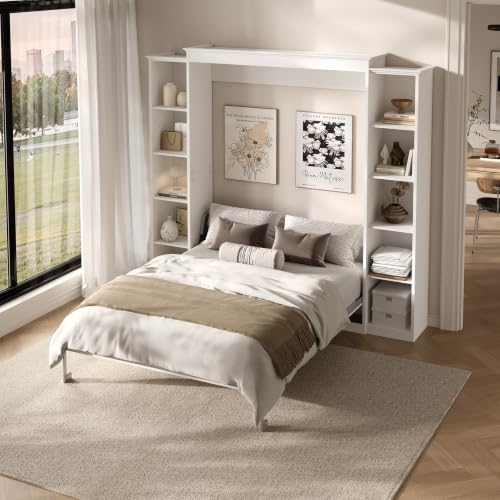 Rophefx Queen Murphy Bed Cabinet with 5-Tier Shelves, Wood Wall Bed, White