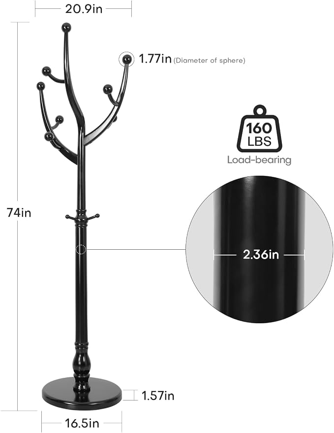 Bekrvio Tree Coat Rack Freestanding with Sturdy Round Base, Black | Unique Coat Hanger Stand, Heavy Duty Standing Coat Rack, For Jacket, Hat, Bags For Entryway / Hallway / Bedroom