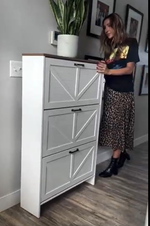 Nicetree Shoe Cabinet, 3 Flip Drawers & Adjustable Shelves, Ultra Slim Freestanding (9.1” Deep), Holds 30 Pairs, Narrow Shoe Storage Cabinet with Anti-Tip Safety, Modern Farmhouse White Walnut