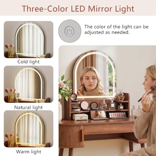 Oval Fluted Vanity Desk with Mirror and Lights, 43" Small Wood Makeup Table