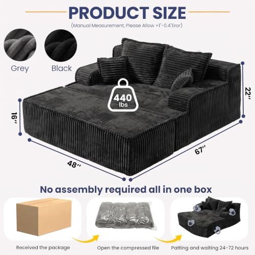 68" Oversized Chaise Lounge Chair Indoor, Corduroy Boneless Couch Sofa Bed, Cloud Lounge Chair Reading Chair with Pillow&Removed Ottoman, Deep Seat Sleeper Chair Bed for Living Room(Black)
