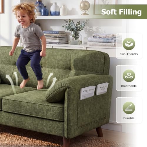 65" Loveseat Sofa, Chenille Loveseat Couch for Living Room with Storage Pockets, 25" Deep Seat Love Seat with Padded Arms, Small Couches for Bedroom, Small Spaces, Home Office, Apartments, Green