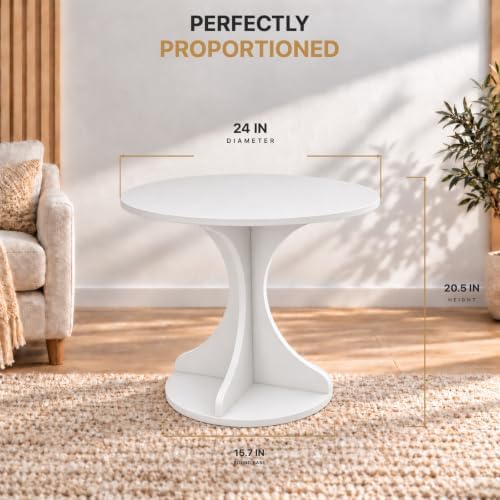 24in Large White Round Side Table, Modern Minimalist Accent End Table with Curved Tripod Base, Compact Sofa Side Table, Easy Assembly Coffee Table for Living Room Bedroom Balcony