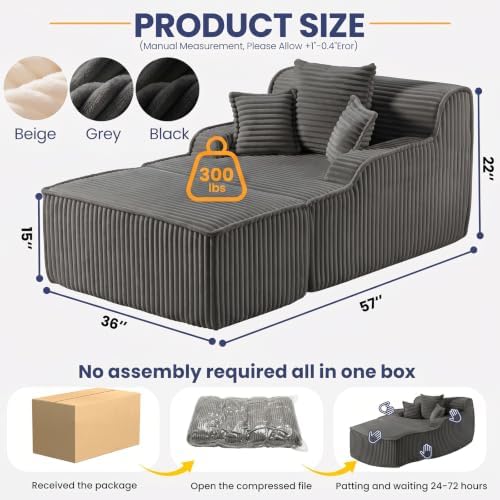 Oversized Chaise Lounge Chair Indoor, Corduroy Boneless Couch Sofa Bed, Cloud Lounge Chair Reading Chair with Pillow&Removed Ottoman, Deep Seat Sleeper Chair Bed for Living Room,Bedroom(Grey)