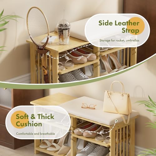 Bamboo Shoe Rack Bench, 3-Tier Shoe Bench Height Adjustable, Entry Bench with Side Storage Strap, Shoes Organizer Storage Bench, Shoe Shelf with Seat Cushion for Entryway, Living Room, Hallway