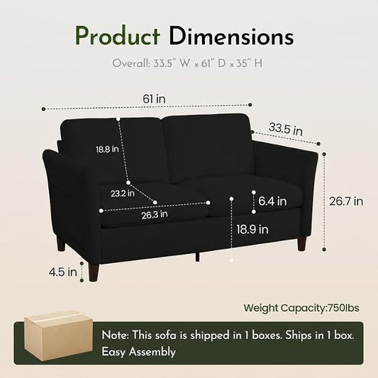 Valthie 61" Corduroy Loveseat Sofa, Modern Comfy Couches with Side Pocket, 2-Seater Sofa Couch for Living Room, Bedroom and Small Spaces,Black