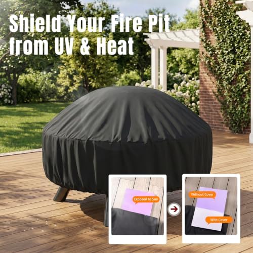 SHINESTAR Fire Pit Cover Round 32 In, Outdoor Fire Pit Cover for 22-32 Inches Fire Pits, Windproof Drawstring & Waterproof Layer, Black