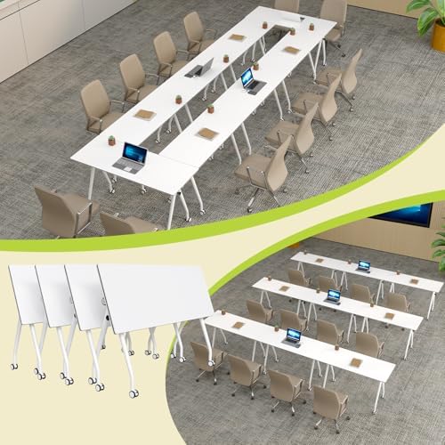 Folding Conference Table with Wheels, 2 Pack Modular Flip Top Conference Tables for Training Rooms, Mobile Modern Office Table, 63 Inch Large Conference Room Table, White