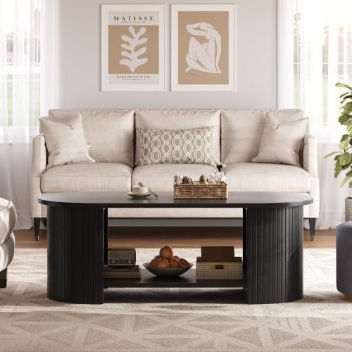 47" Oval Fluted Coffee Table, 2-Tier Center Table with Large Storage, Mid-Century Modern Wood Coffee Table for Living Room, Home Office, Small Space, Black