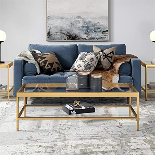 Henn&Hart 54" Wide Rectangular Coffee Table in Brass, Modern coffee tables for living room, studio apartment essentials | Open lower shelf adds practical storage while the glass design keeps spaces feeling bright