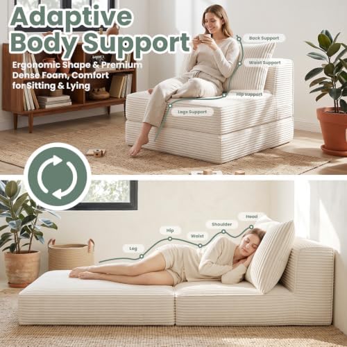 Oversized Corduroy Folding Sofa Bed with Pillow,Convertible Foam Futon Floor Lounge Chair,Single Size Fold‑Out Sleeper Couch,No Assembly for Bedroom,Reading Nook, Studio,Beige