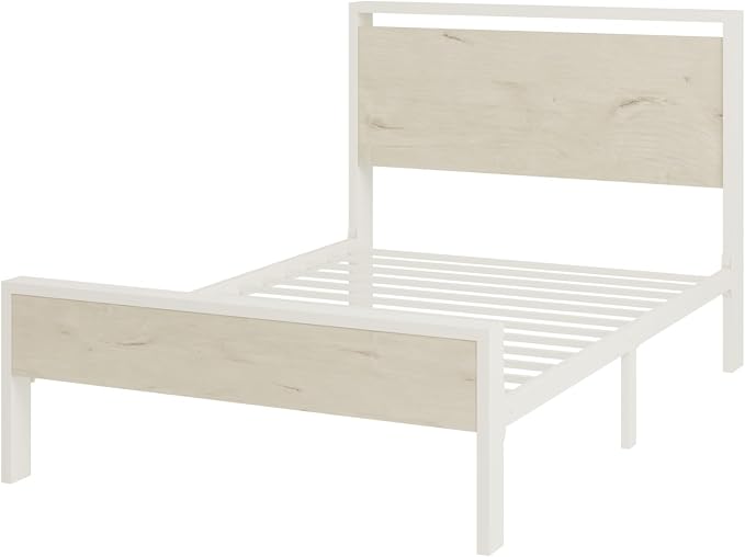 SHA CERLIN 14 Inch Twin Metal Platform Bed Frame with Wooden Headboard and Footboard, No Box Spring Needed, Large Under Bed Storage, Heavy Duty Slats Support, White Washed Oak