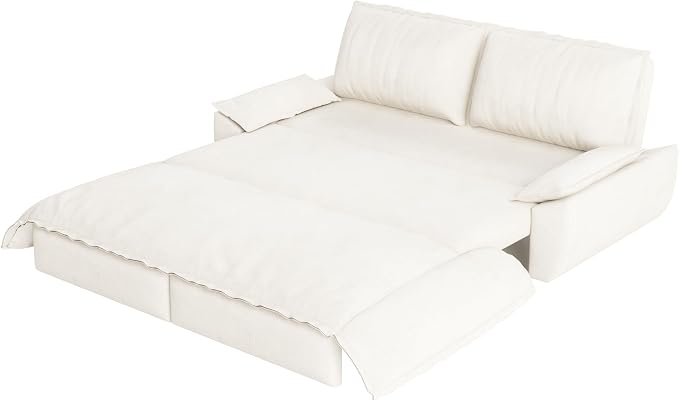 73.2" Sleeper Sofa Bed Queen, 3-in-1 Convertible Couch, Modern Pull Out Couches, Comfy Velvet Futon Sofa, Cloud Loveseat Lounge, Pillow Arm, for Small Spaces, Apartment, Living Room, Beige
