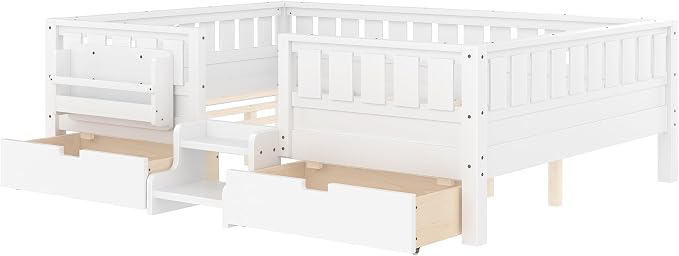 Bellemave Queen Bed with Storage Drawers & Bookshelf, Low Profile Kids Bed Frame with Staircase & Full Length Guardrails, Solid Wood Queen Bed for Kids with Slats Load 550LBS, Easy Assembly, White