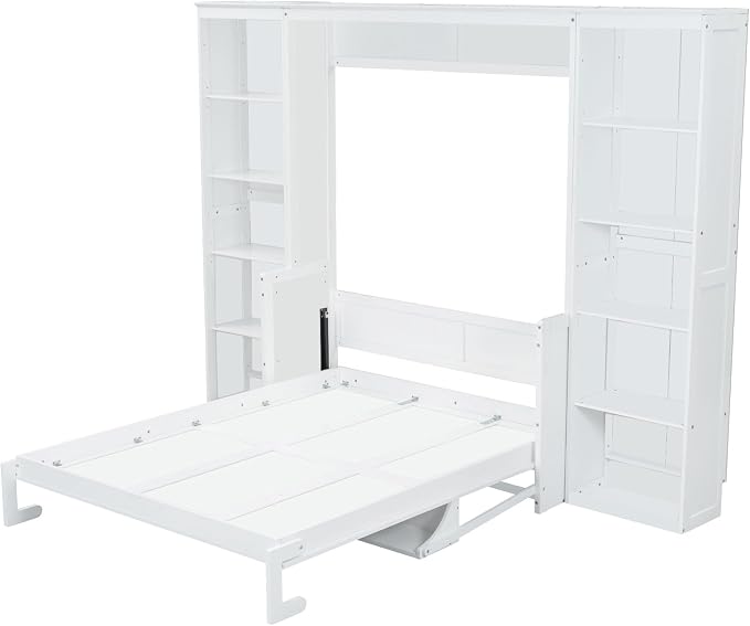 MERITLINE Queen Murphy Bed with Desk and Storage Bookcase,Wood Murphy Wall Bed Cabinet with with Storage Shelves Cabinet for Adults (Queen,White)