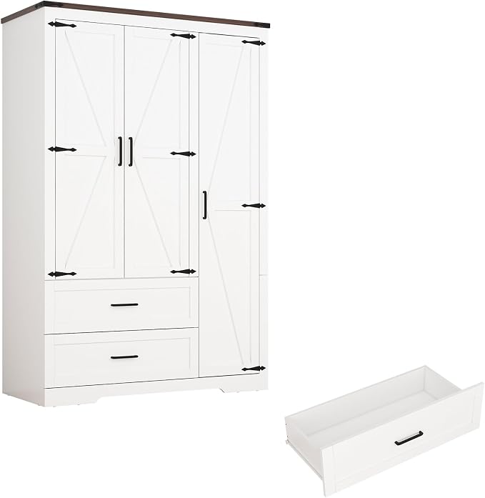 Hlivelood 3 Doors Wardrobe Armoire Closet with Doors and Drawers, Farmhouse Wooden Armoire Storage Cabinet with Shelves & Hanging Rod for Bedroom, White