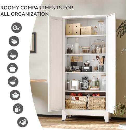 COFaR 71" White Pantry Cabinet with Vertical-Groove Doors and Shelves